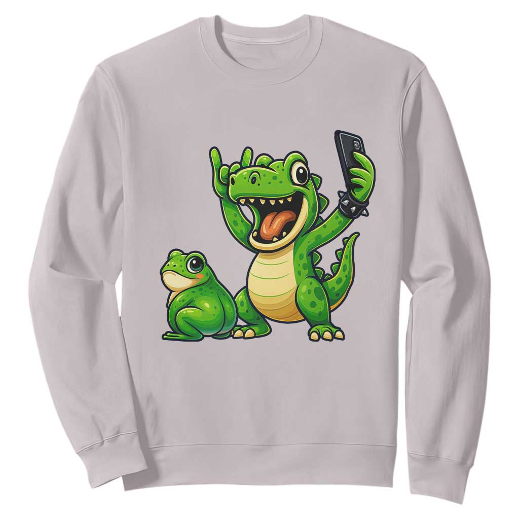 Funny Dinosaur Frog Selfie Sweatshirt Rock On Hand TS14 Ice Gray Print Your Wear