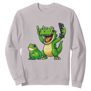 Funny Dinosaur Frog Selfie Sweatshirt Rock On Hand TS14 Ice Gray Print Your Wear