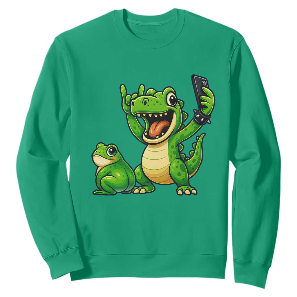 Funny Dinosaur Frog Selfie Sweatshirt Rock On Hand TS14 Irish Green Print Your Wear