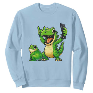 Funny Dinosaur Frog Selfie Sweatshirt Rock On Hand TS14 Light Blue Print Your Wear