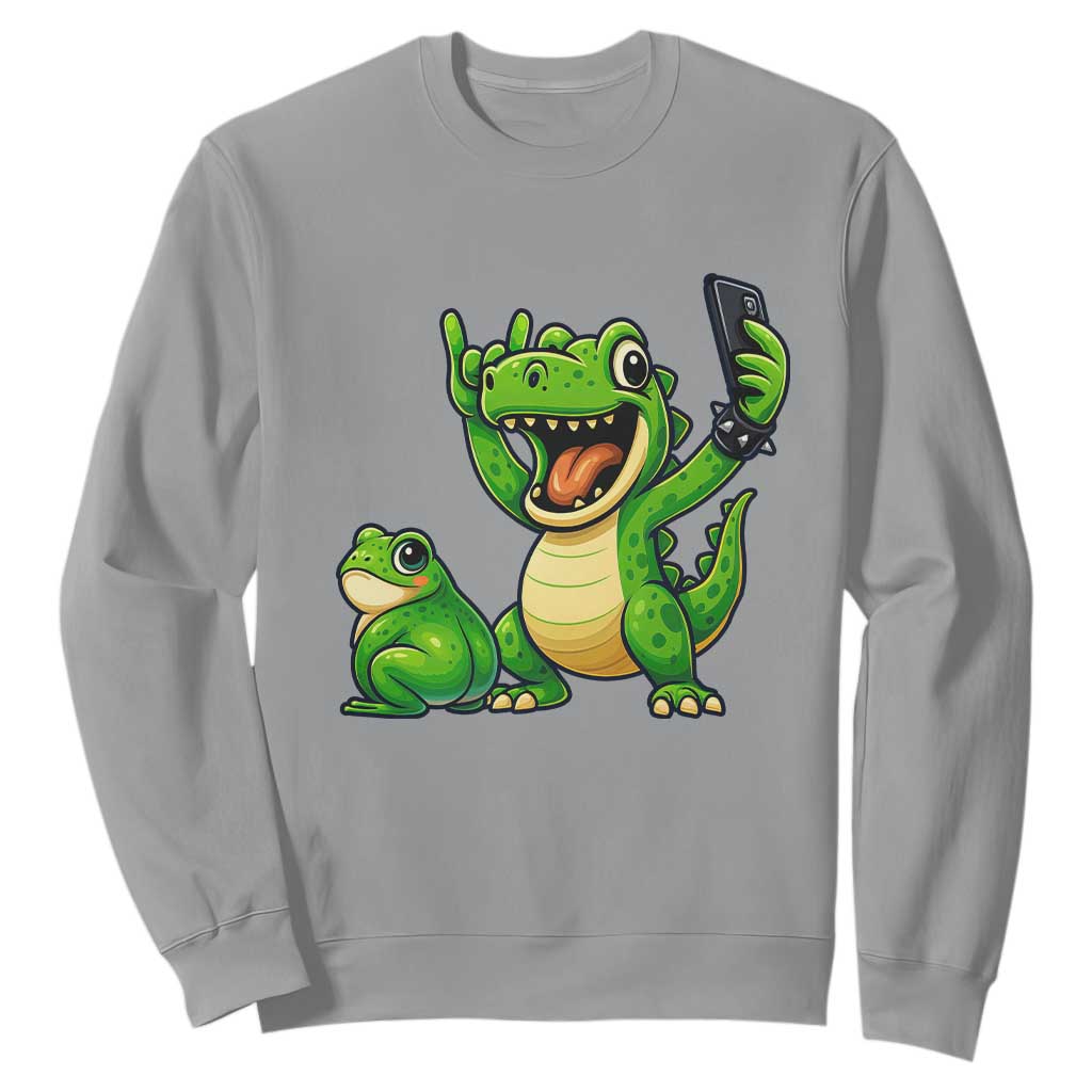 Funny Dinosaur Frog Selfie Sweatshirt Rock On Hand TS14 Sport Gray Print Your Wear