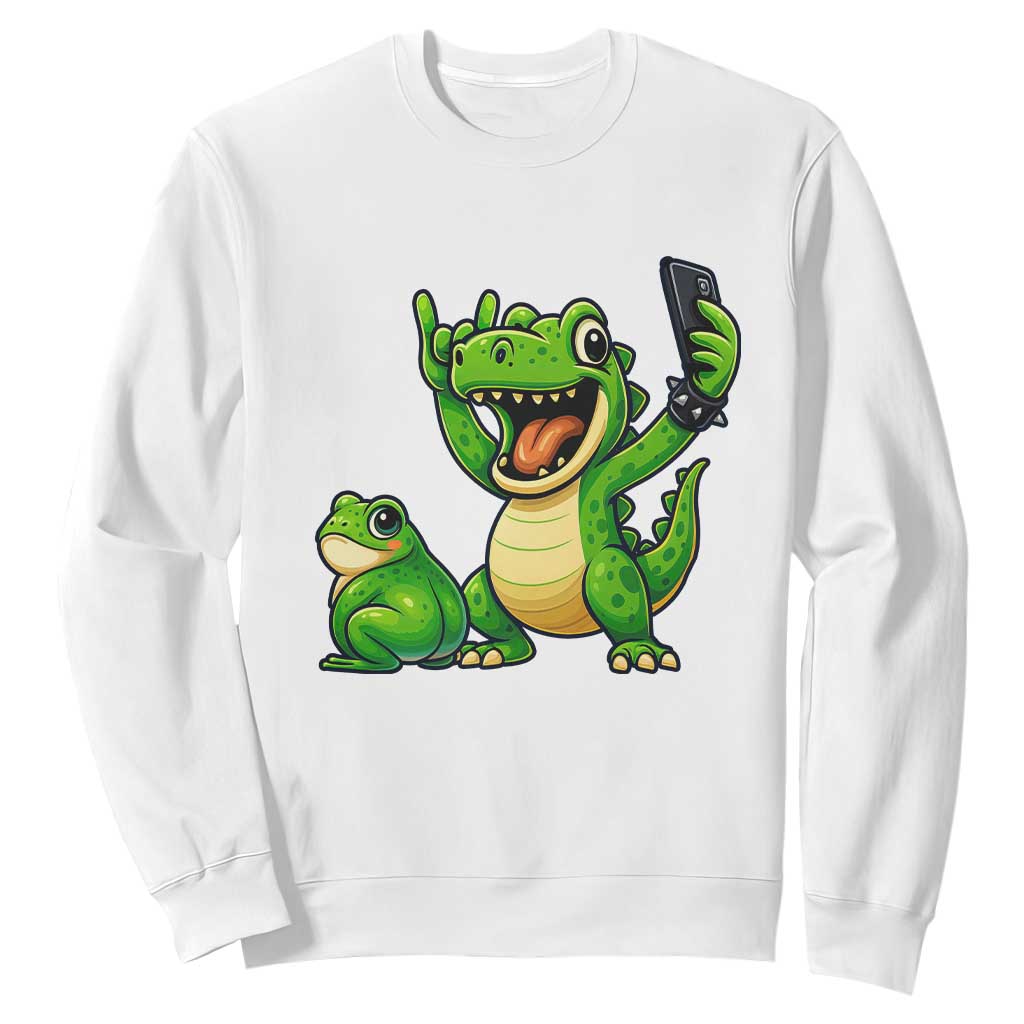 Funny Dinosaur Frog Selfie Sweatshirt Rock On Hand TS14 White Print Your Wear
