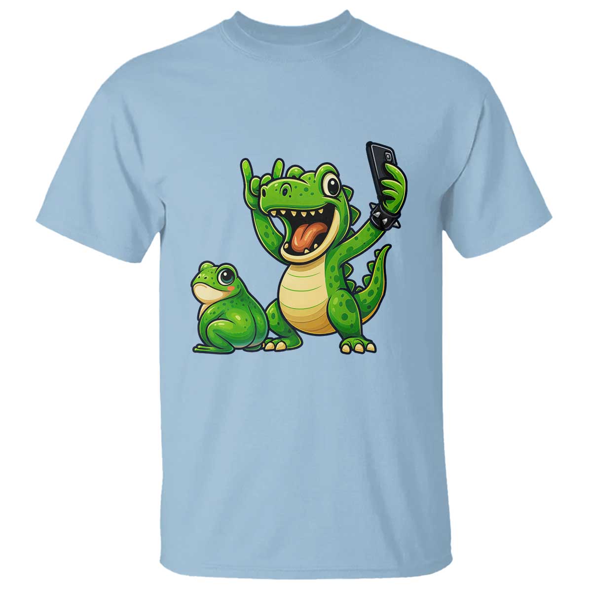 Funny Dinosaur Frog Selfie T Shirt Rock On Hand TS14 Light Blue Print Your Wear