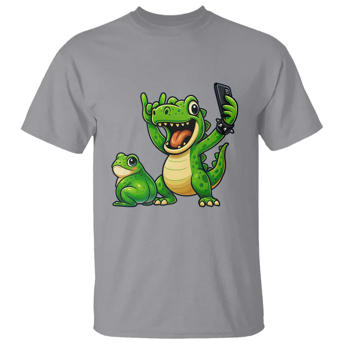 Funny Dinosaur Frog Selfie T Shirt Rock On Hand TS14 Sport Gray Print Your Wear