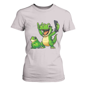Funny Dinosaur Frog Selfie T Shirt For Women Rock On Hand TS14 Ice Gray Print Your Wear