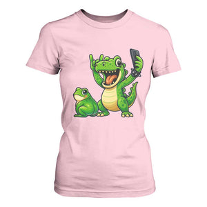 Funny Dinosaur Frog Selfie T Shirt For Women Rock On Hand TS14 Light Pink Print Your Wear