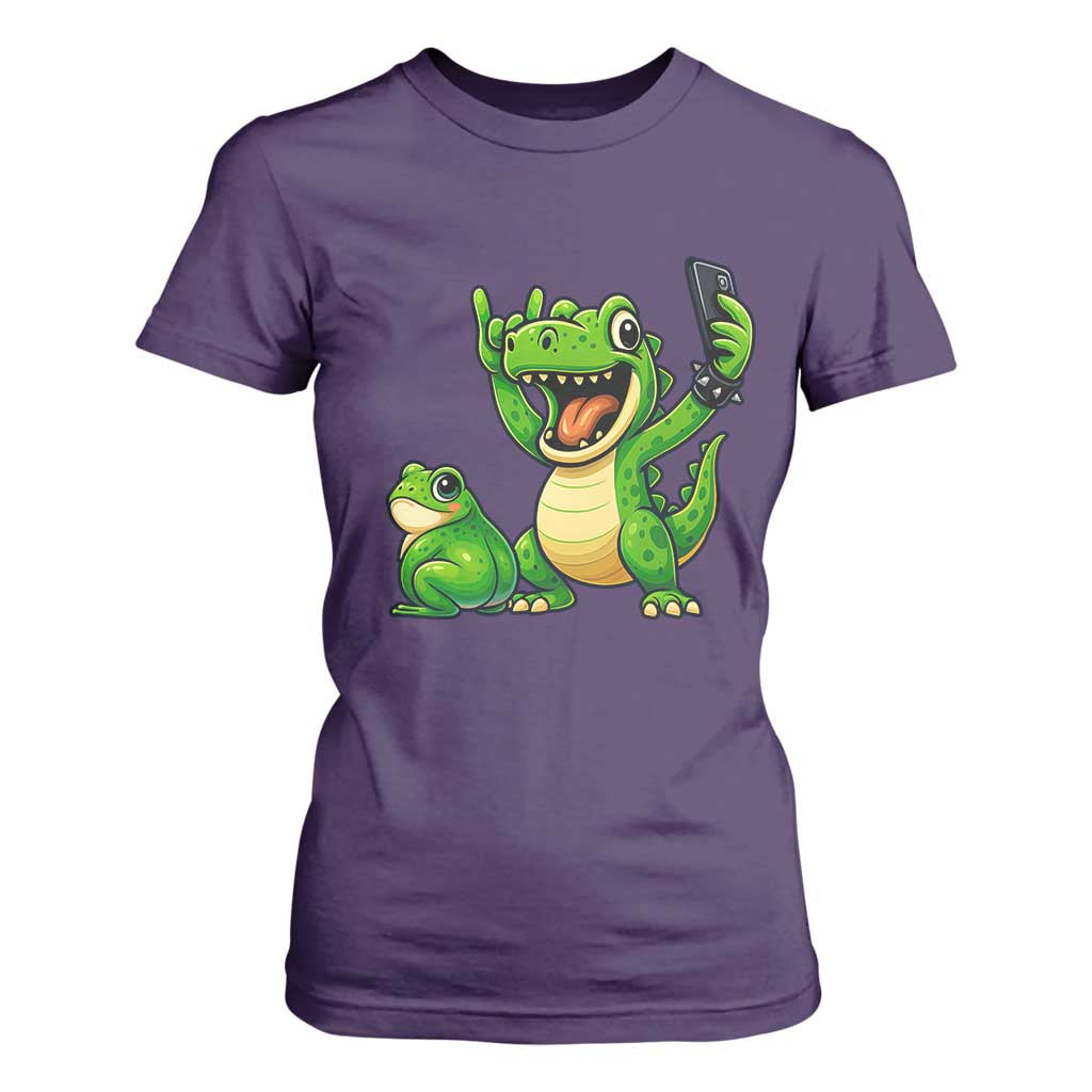 Funny Dinosaur Frog Selfie T Shirt For Women Rock On Hand TS14 Purple Print Your Wear