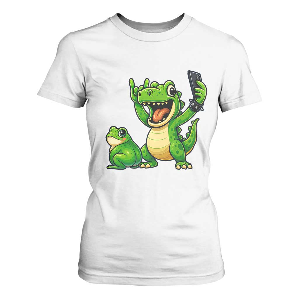 Funny Dinosaur Frog Selfie T Shirt For Women Rock On Hand TS14 White Print Your Wear