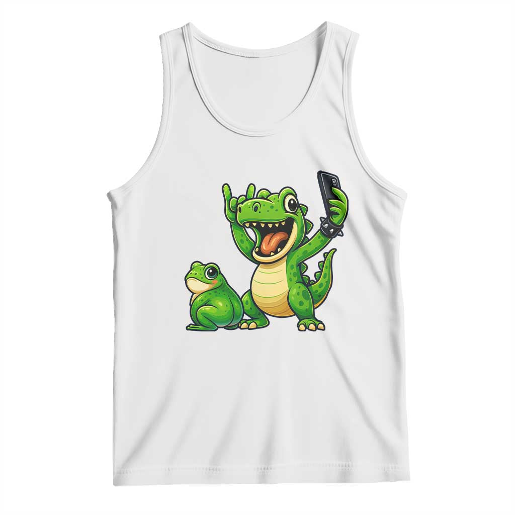 Funny Dinosaur Frog Selfie Tank Top Rock On Hand TS14 White Print Your Wear