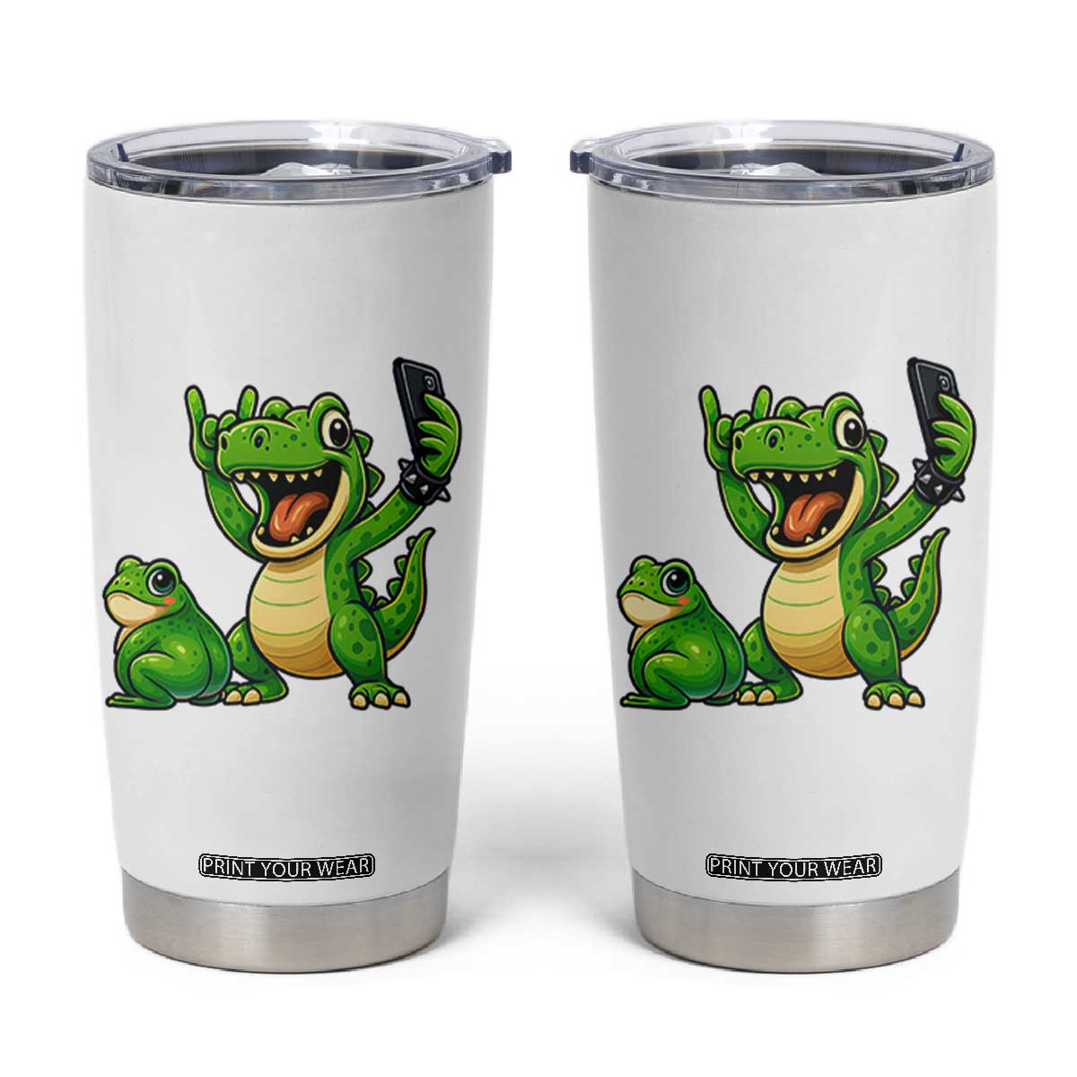 Funny Dinosaur Frog Selfie Tumbler Cup Rock On Hand TS14 White Print Your Wear