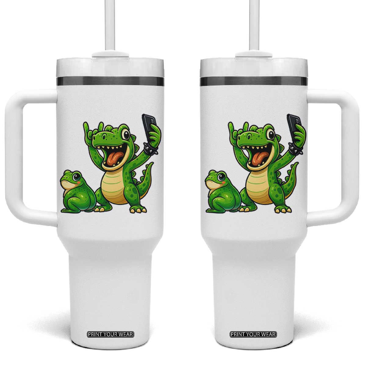 Funny Dinosaur Frog Selfie Tumbler With Handle Rock On Hand TS14 One Size: 40 oz White Print Your Wear