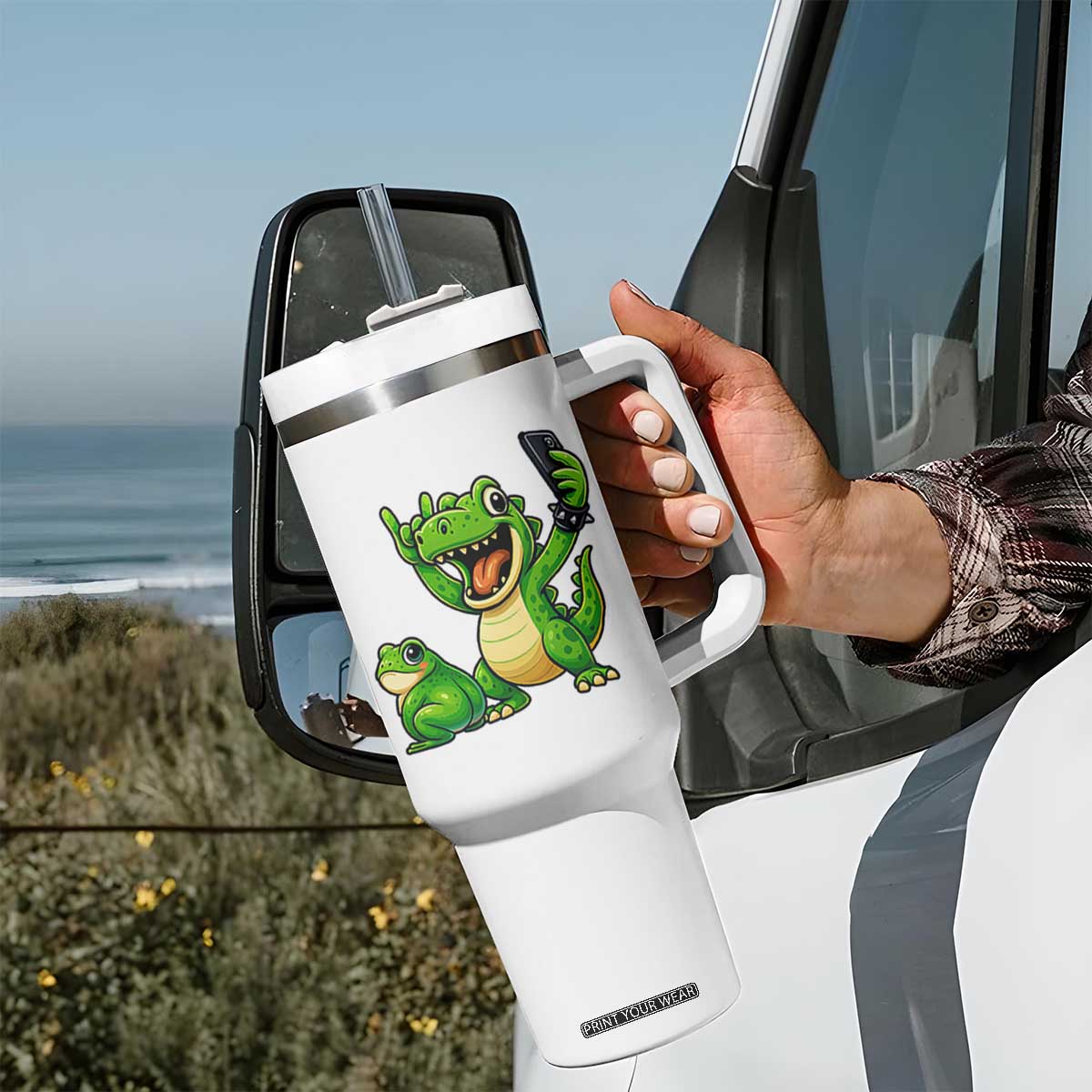 Funny Dinosaur Frog Selfie Tumbler With Handle Rock On Hand TS14 Print Your Wear
