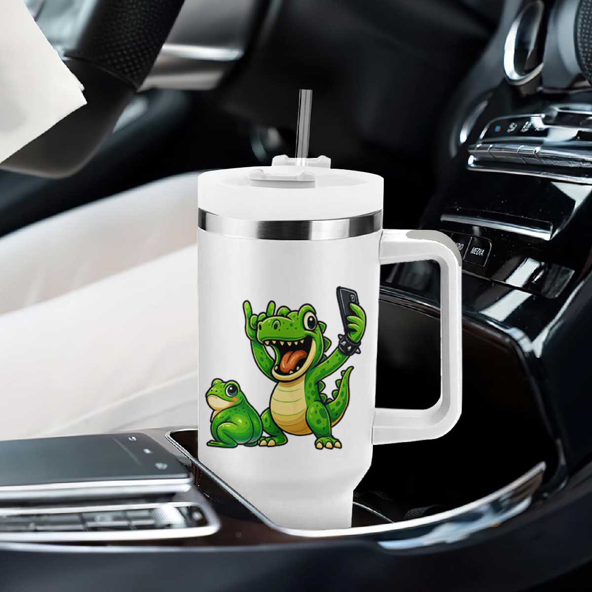 Funny Dinosaur Frog Selfie Tumbler With Handle Rock On Hand TS14 Print Your Wear