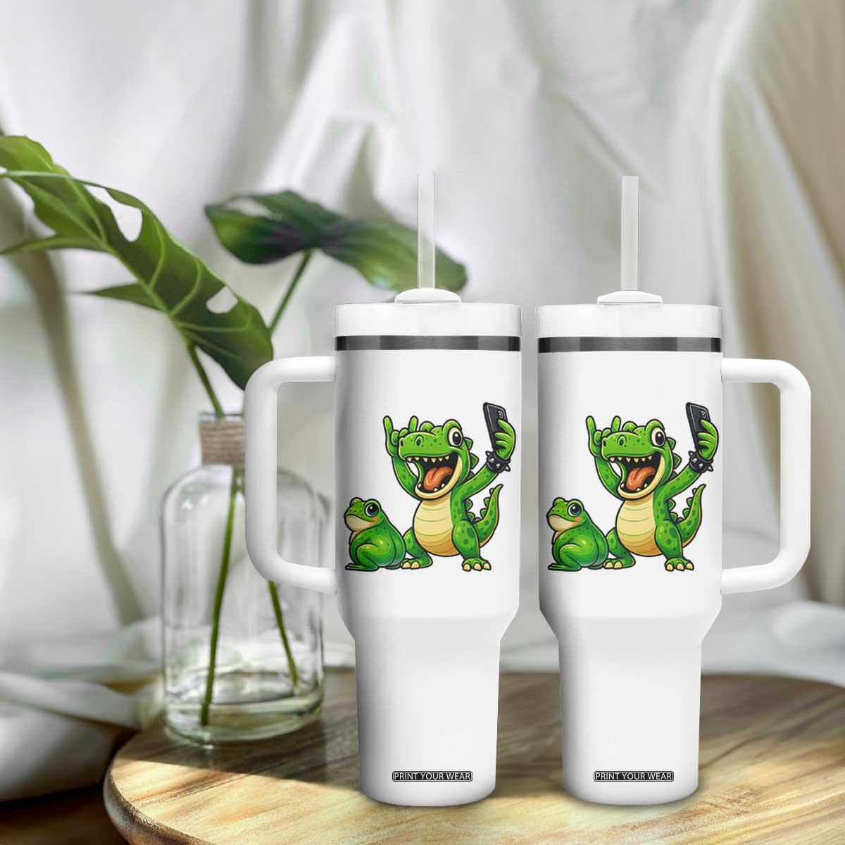 Funny Dinosaur Frog Selfie Tumbler With Handle Rock On Hand TS14 Print Your Wear