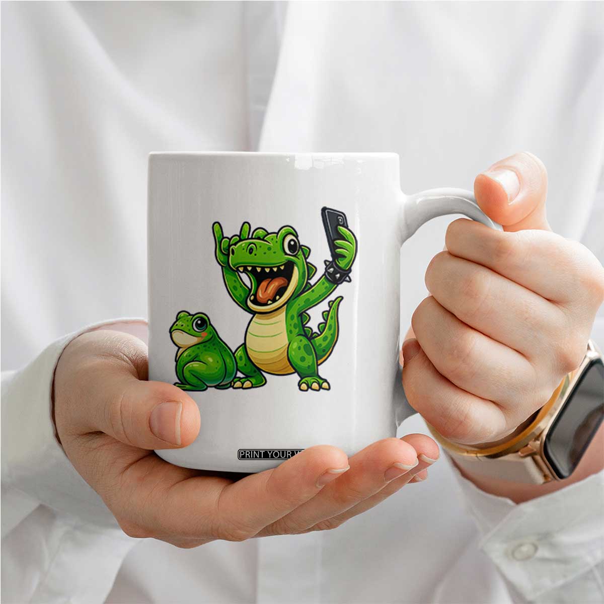 Funny Dinosaur Frog Selfie Coffee Mug Rock On Hand TS14 Print Your Wear