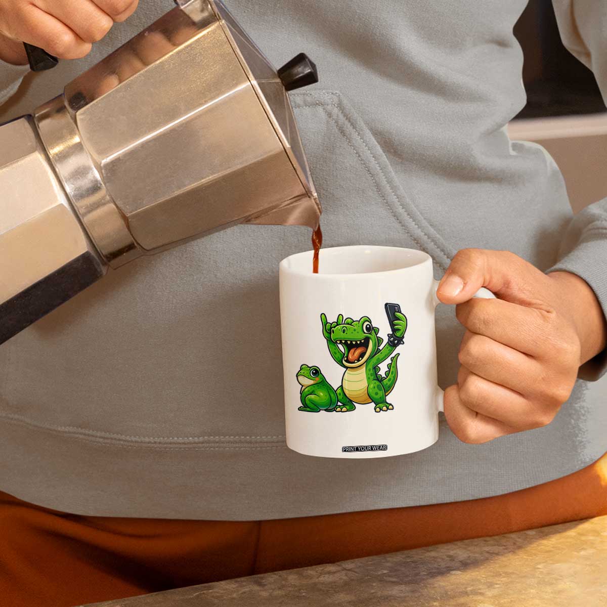 Funny Dinosaur Frog Selfie Coffee Mug Rock On Hand TS14 Print Your Wear