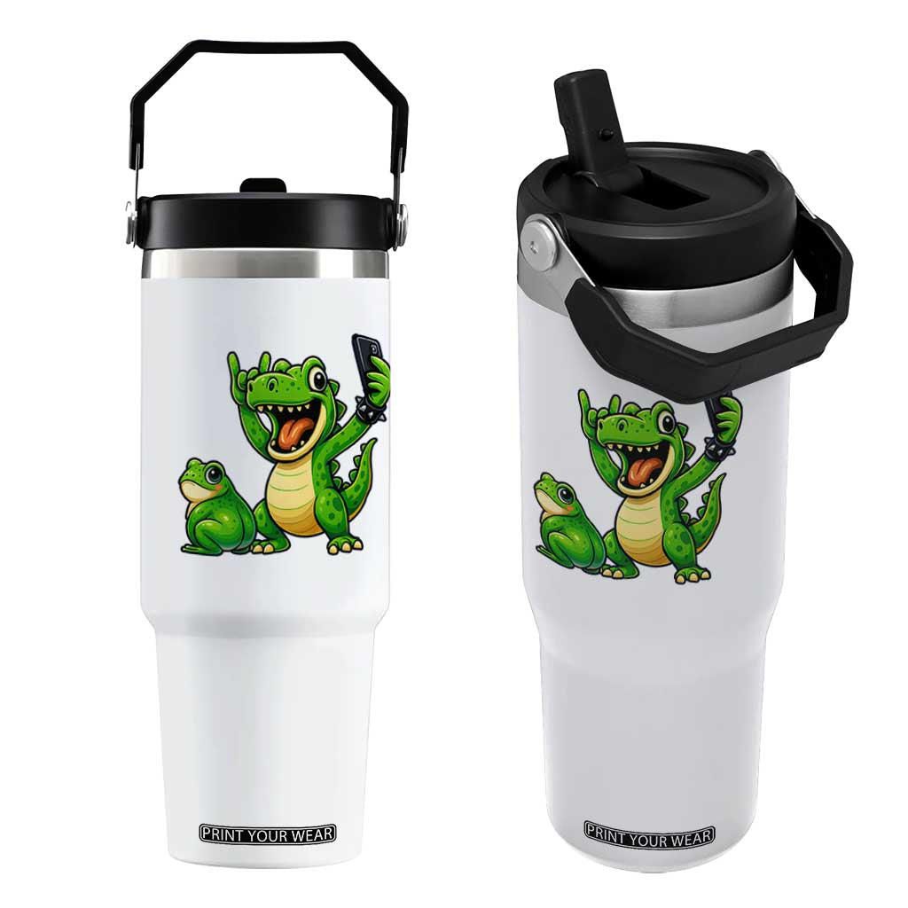 Funny Dinosaur Frog Selfie Flip Straw Tumbler Rock On Hand TS14 One Size: 30 oz White Print Your Wear