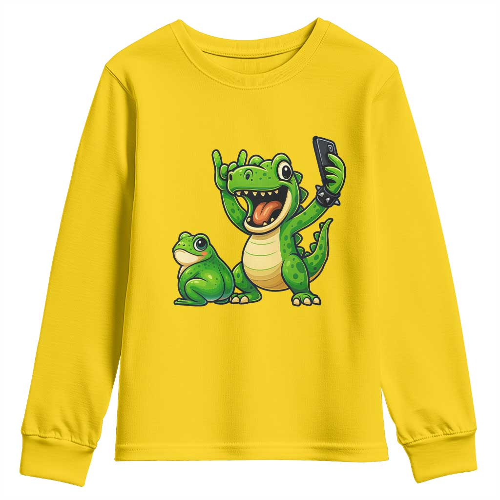 Funny Dinosaur Frog Selfie Youth Sweatshirt Rock On Hand TS14 Daisy Print Your Wear