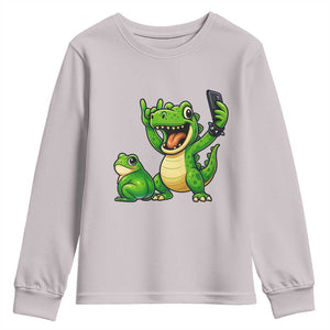 Funny Dinosaur Frog Selfie Youth Sweatshirt Rock On Hand TS14 Ice Gray Print Your Wear