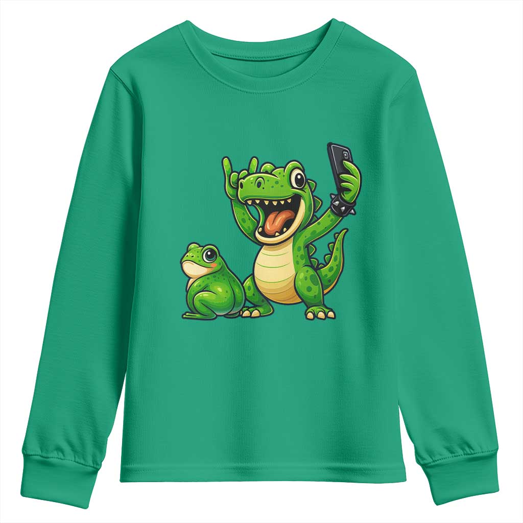 Funny Dinosaur Frog Selfie Youth Sweatshirt Rock On Hand TS14 Irish Green Print Your Wear