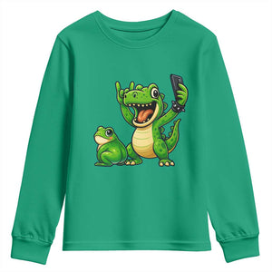 Funny Dinosaur Frog Selfie Youth Sweatshirt Rock On Hand TS14 Irish Green Print Your Wear