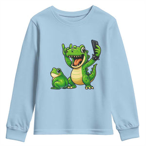 Funny Dinosaur Frog Selfie Youth Sweatshirt Rock On Hand TS14 Light Blue Print Your Wear
