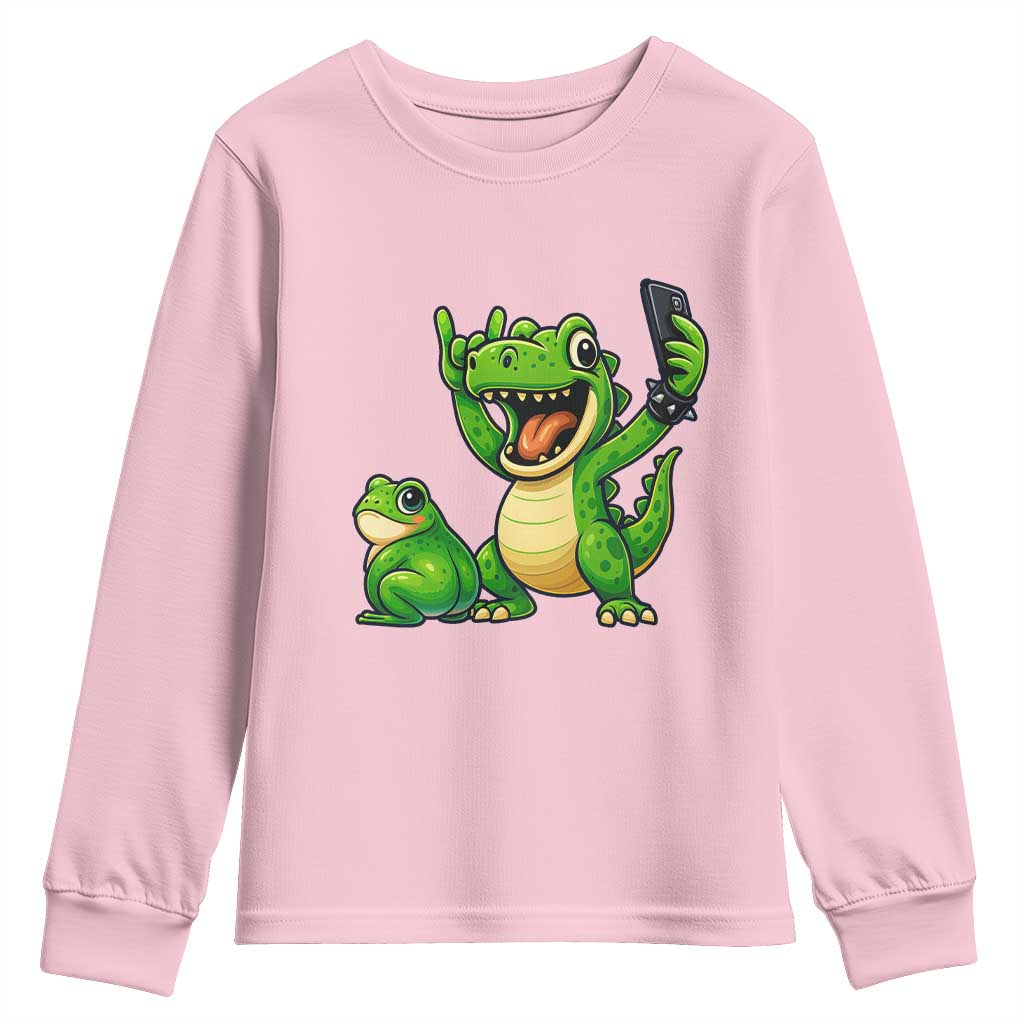 Funny Dinosaur Frog Selfie Youth Sweatshirt Rock On Hand TS14 Light Pink Print Your Wear