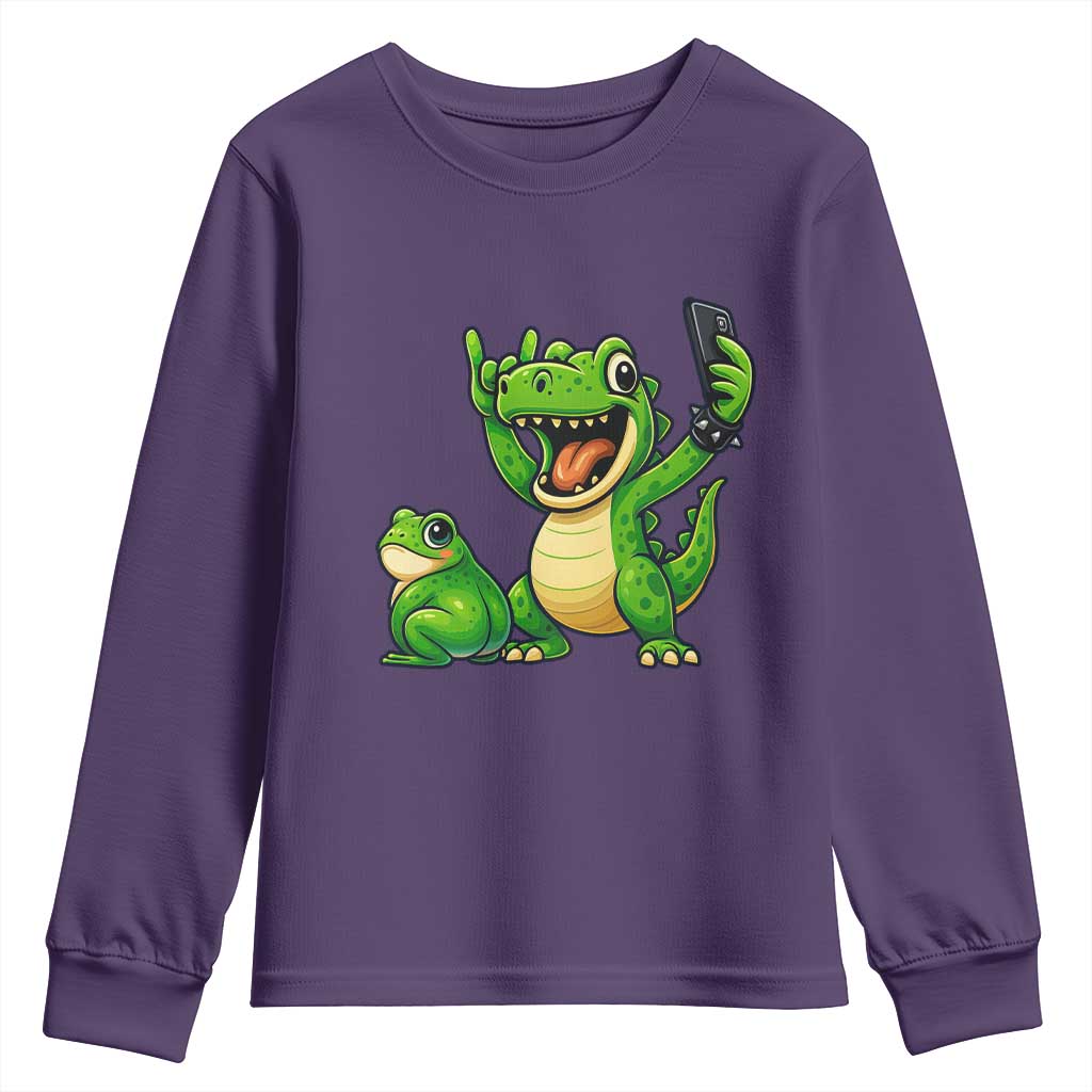 Funny Dinosaur Frog Selfie Youth Sweatshirt Rock On Hand TS14 Purple Print Your Wear