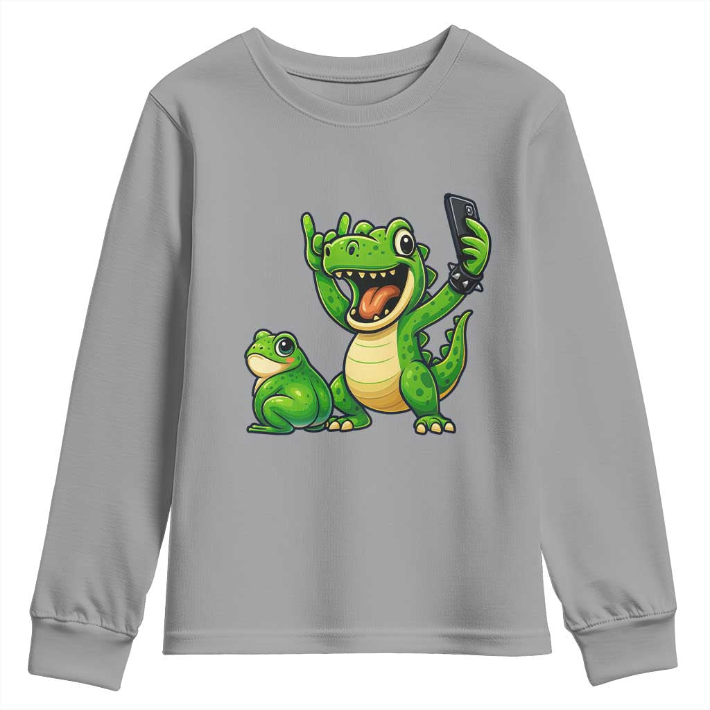 Funny Dinosaur Frog Selfie Youth Sweatshirt Rock On Hand TS14 Sport Gray Print Your Wear