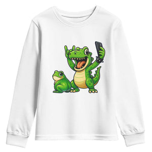 Funny Dinosaur Frog Selfie Youth Sweatshirt Rock On Hand TS14 White Print Your Wear