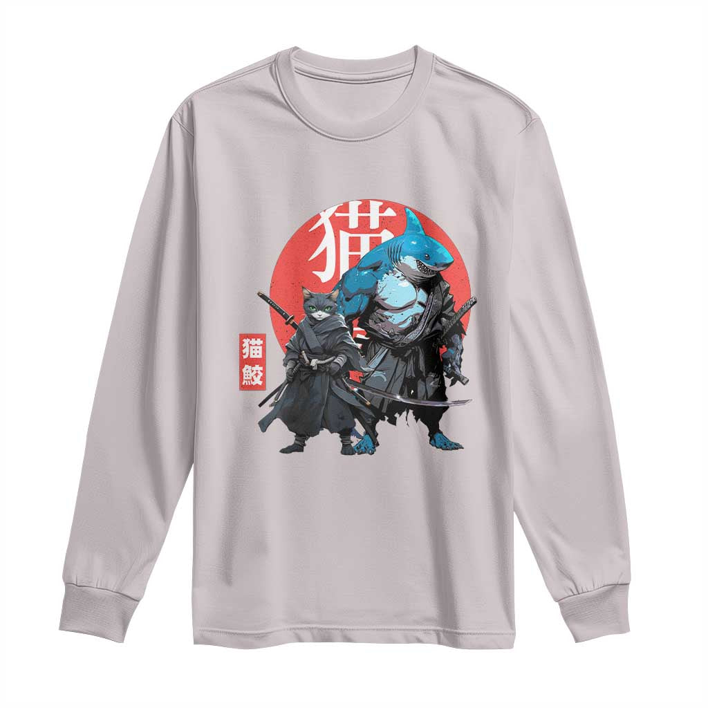 Samurai Cat Shark Long Sleeve Shirt Retro Japanese Animal Warrior Art TS14 Ice Gray Print Your Wear