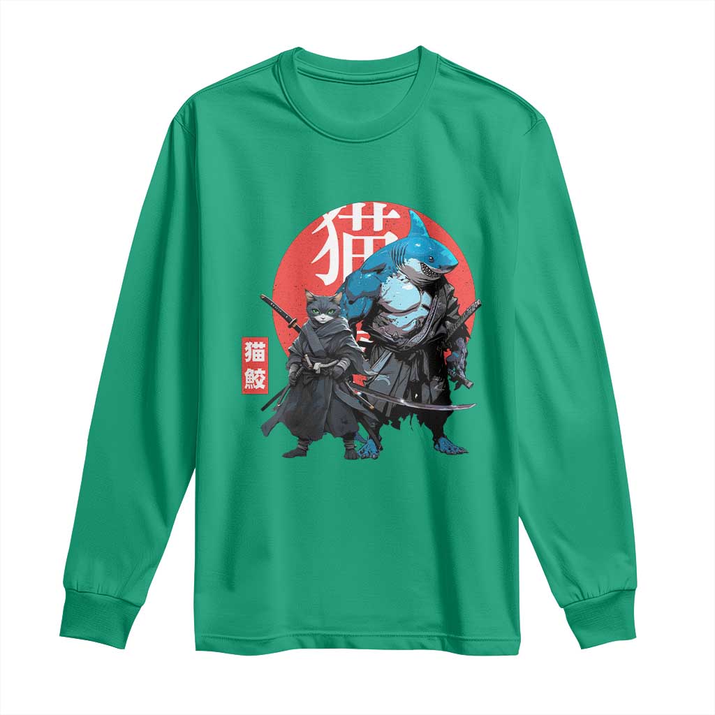 Samurai Cat Shark Long Sleeve Shirt Retro Japanese Animal Warrior Art TS14 Irish Green Print Your Wear