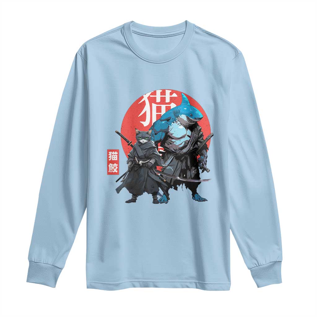 Samurai Cat Shark Long Sleeve Shirt Retro Japanese Animal Warrior Art TS14 Light Blue Print Your Wear