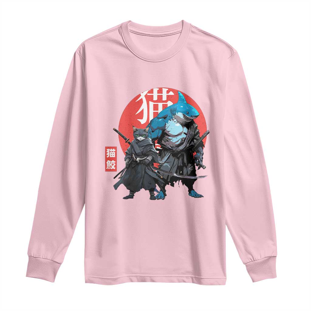 Samurai Cat Shark Long Sleeve Shirt Retro Japanese Animal Warrior Art TS14 Light Pink Print Your Wear