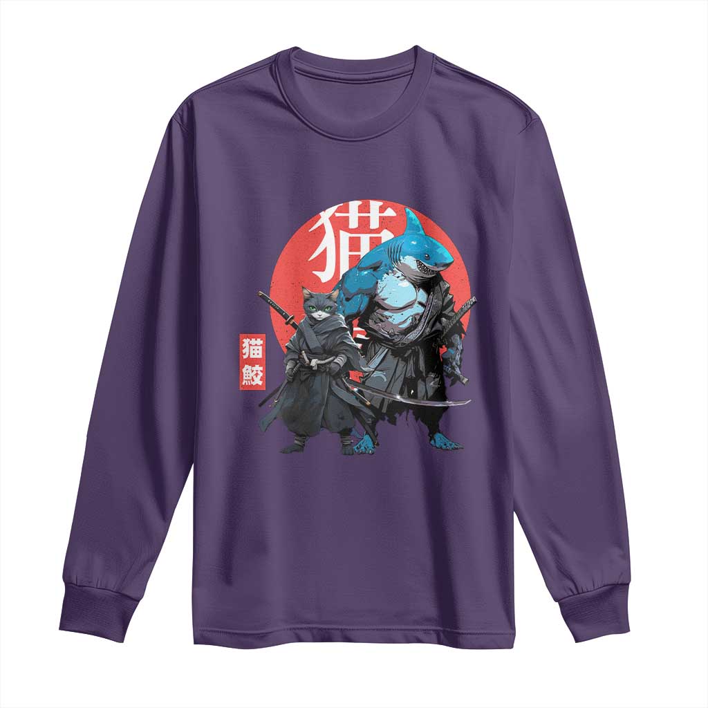 Samurai Cat Shark Long Sleeve Shirt Retro Japanese Animal Warrior Art TS14 Purple Print Your Wear