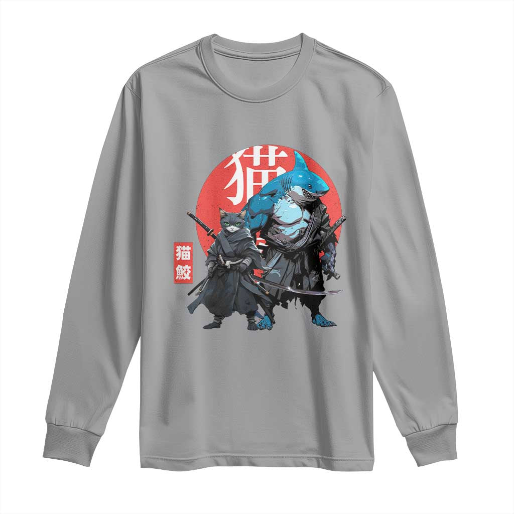 Samurai Cat Shark Long Sleeve Shirt Retro Japanese Animal Warrior Art TS14 Sport Gray Print Your Wear
