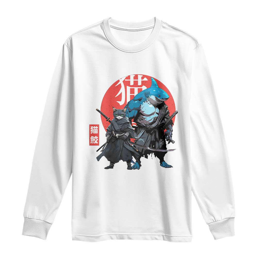Samurai Cat Shark Long Sleeve Shirt Retro Japanese Animal Warrior Art TS14 White Print Your Wear
