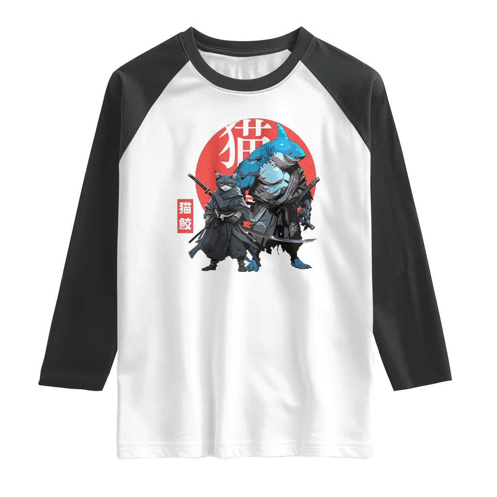 Samurai Cat Shark Raglan Shirt Retro Japanese Animal Warrior Art TS14 White Black Print Your Wear