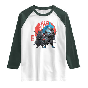 Samurai Cat Shark Raglan Shirt Retro Japanese Animal Warrior Art TS14 White Dark Forest Green Print Your Wear