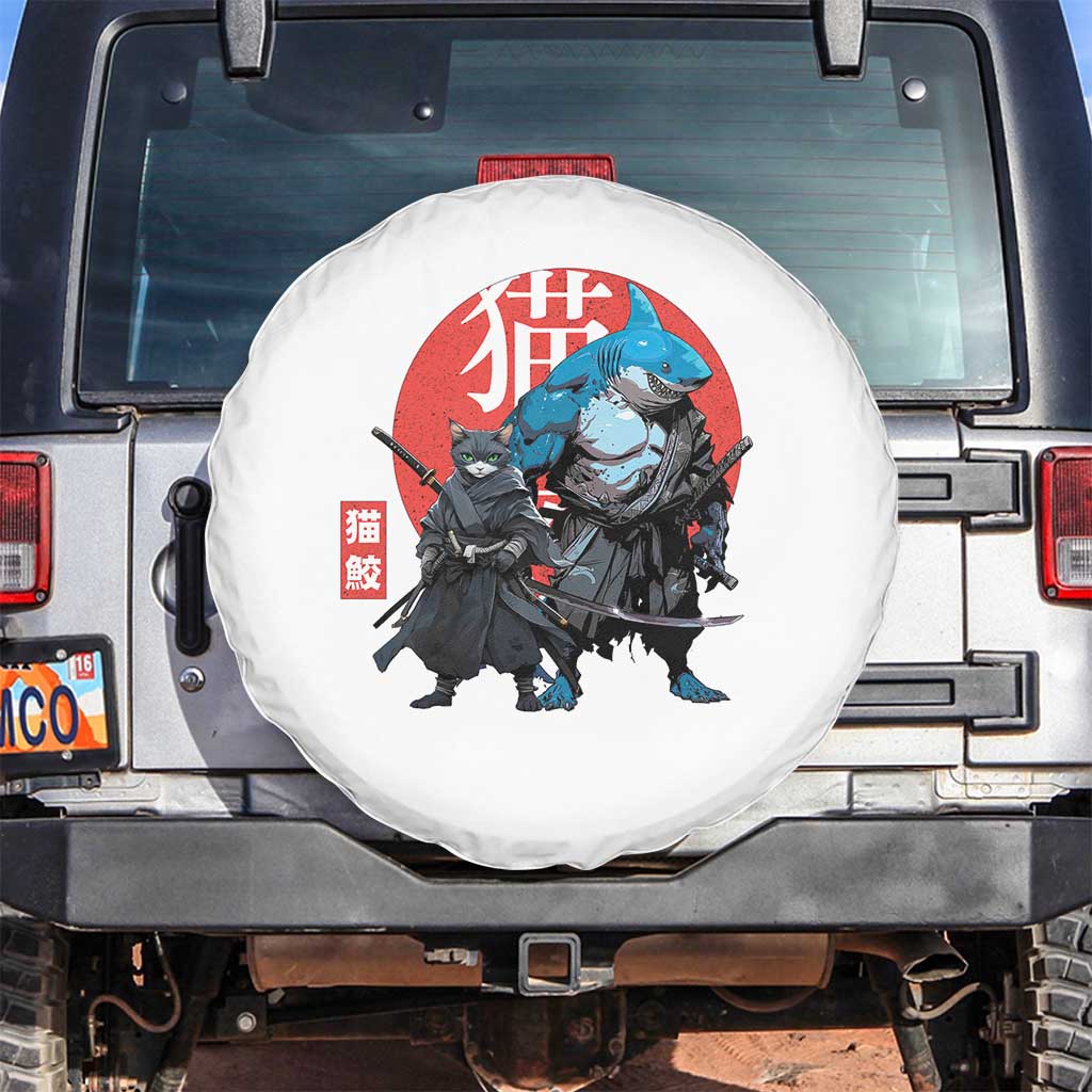 Samurai Cat Shark Spare Tire Cover Retro Japanese Animal Warrior Art TS14 No hole White Print Your Wear