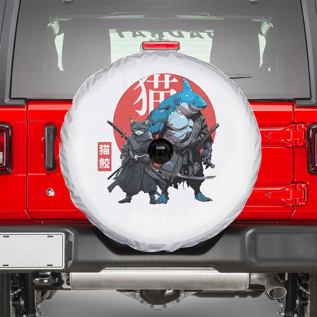 Samurai Cat Shark Spare Tire Cover Retro Japanese Animal Warrior Art TS14 White Print Your Wear