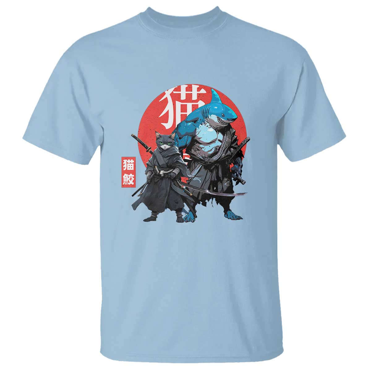 Samurai Cat Shark T Shirt Retro Japanese Animal Warrior Art TS14 Light Blue Print Your Wear