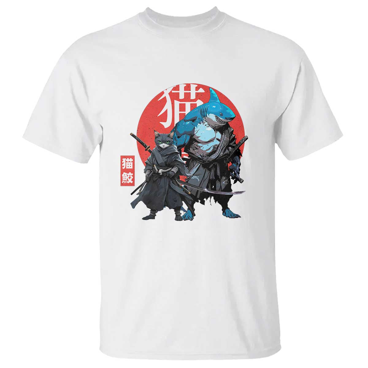Samurai Cat Shark T Shirt Retro Japanese Animal Warrior Art TS14 White Print Your Wear