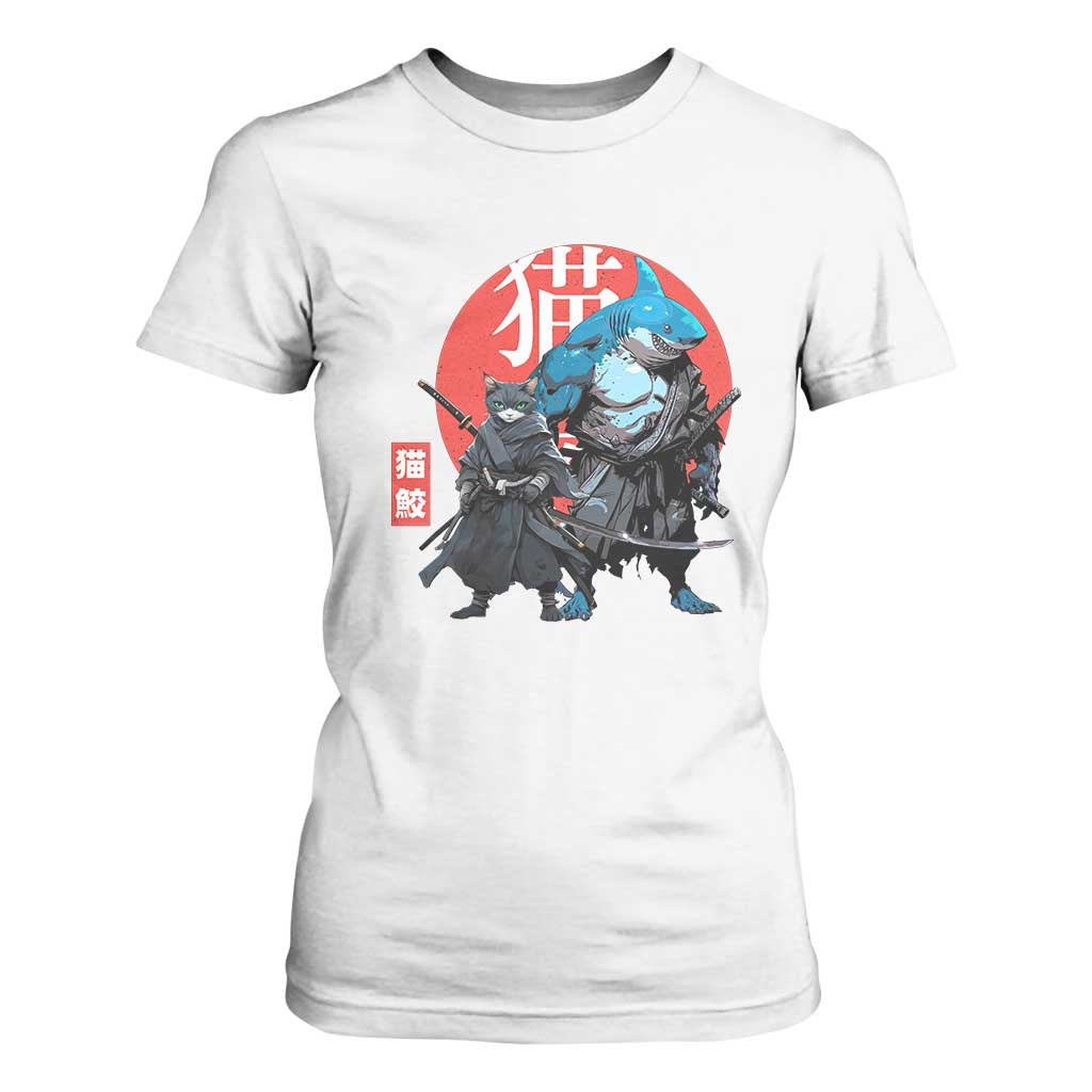 Samurai Cat Shark T Shirt For Women Retro Japanese Animal Warrior Art TS14 White Print Your Wear