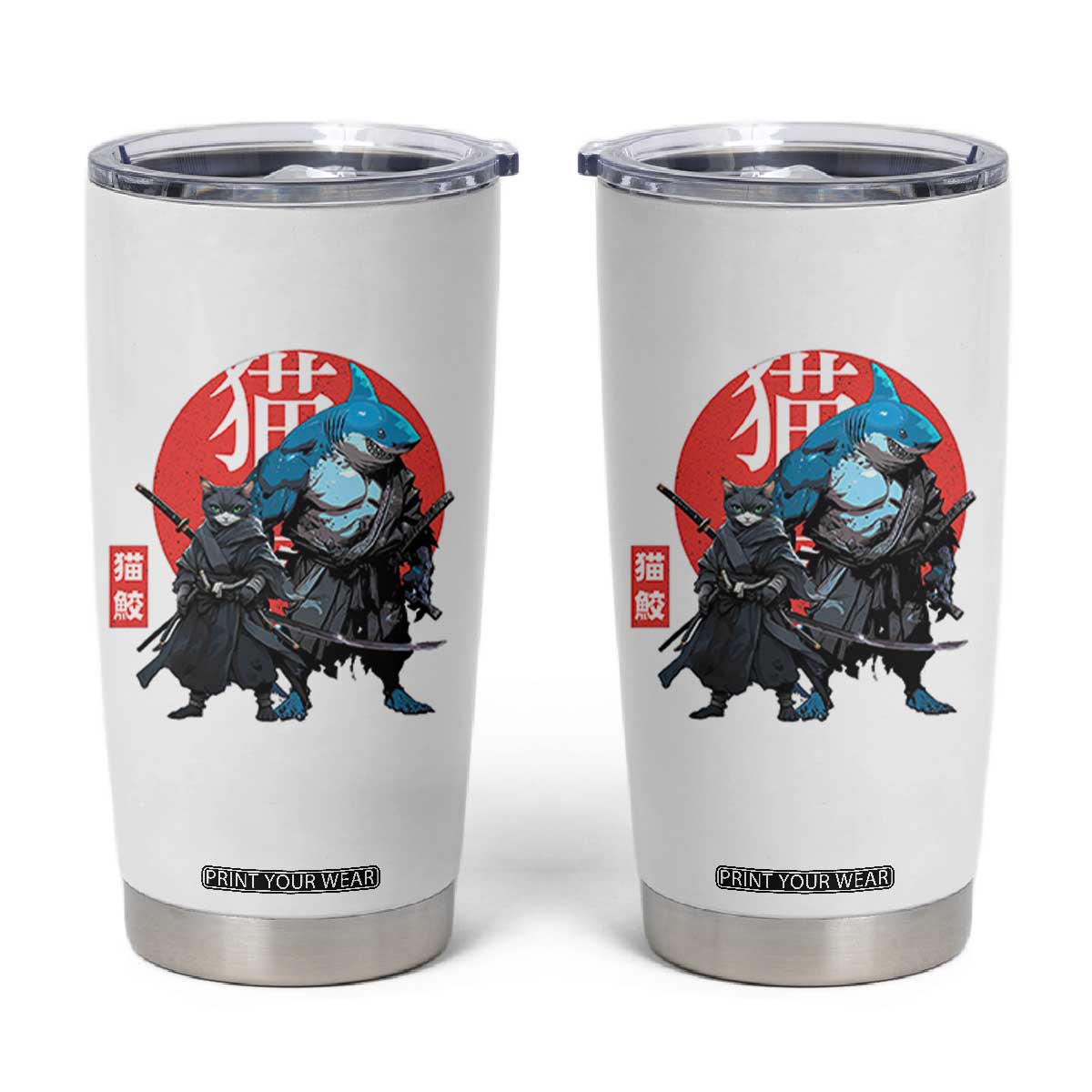 Samurai Cat Shark Tumbler Cup Retro Japanese Animal Warrior Art TS14 White Print Your Wear