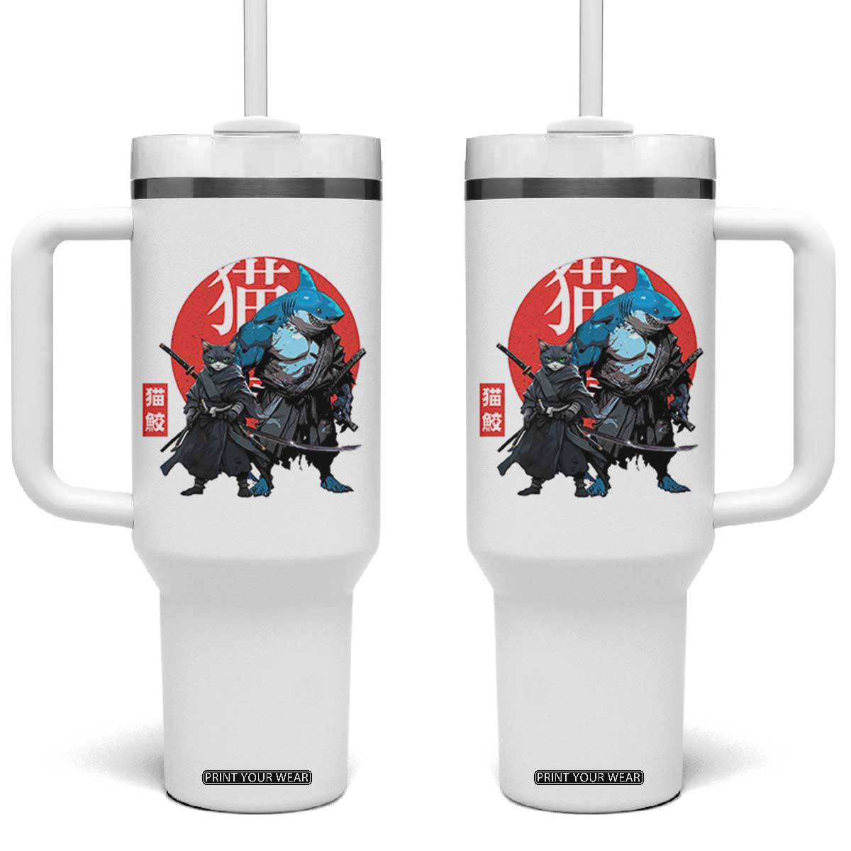 Samurai Cat Shark Tumbler With Handle Retro Japanese Animal Warrior Art TS14 One Size: 40 oz White Print Your Wear