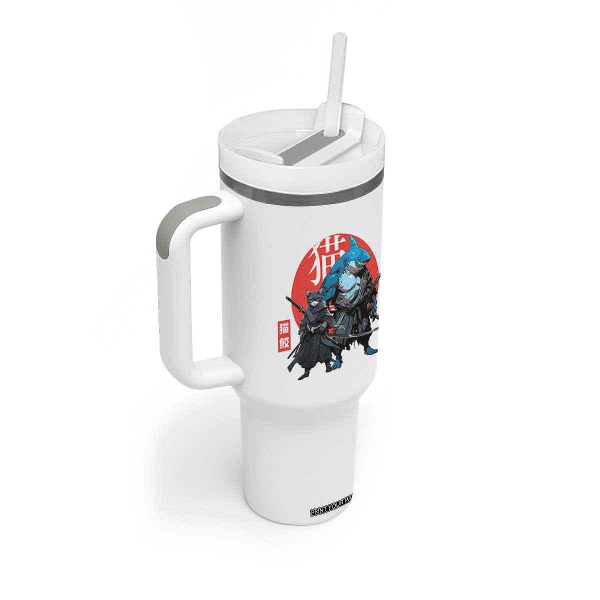 Samurai Cat Shark Tumbler With Handle Retro Japanese Animal Warrior Art TS14 Print Your Wear