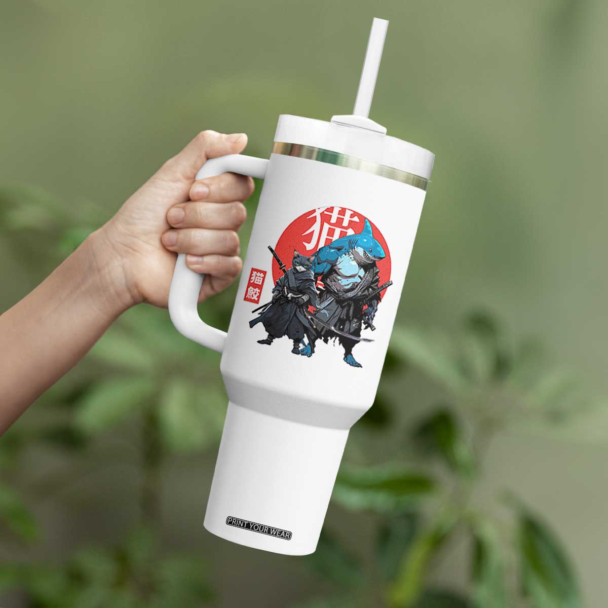 Samurai Cat Shark Tumbler With Handle Retro Japanese Animal Warrior Art TS14 Print Your Wear