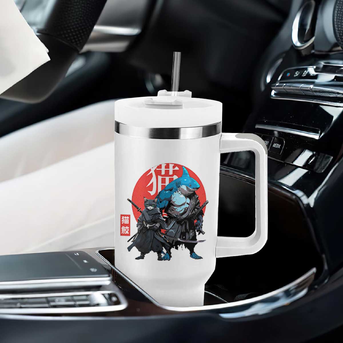 Samurai Cat Shark Tumbler With Handle Retro Japanese Animal Warrior Art TS14 Print Your Wear