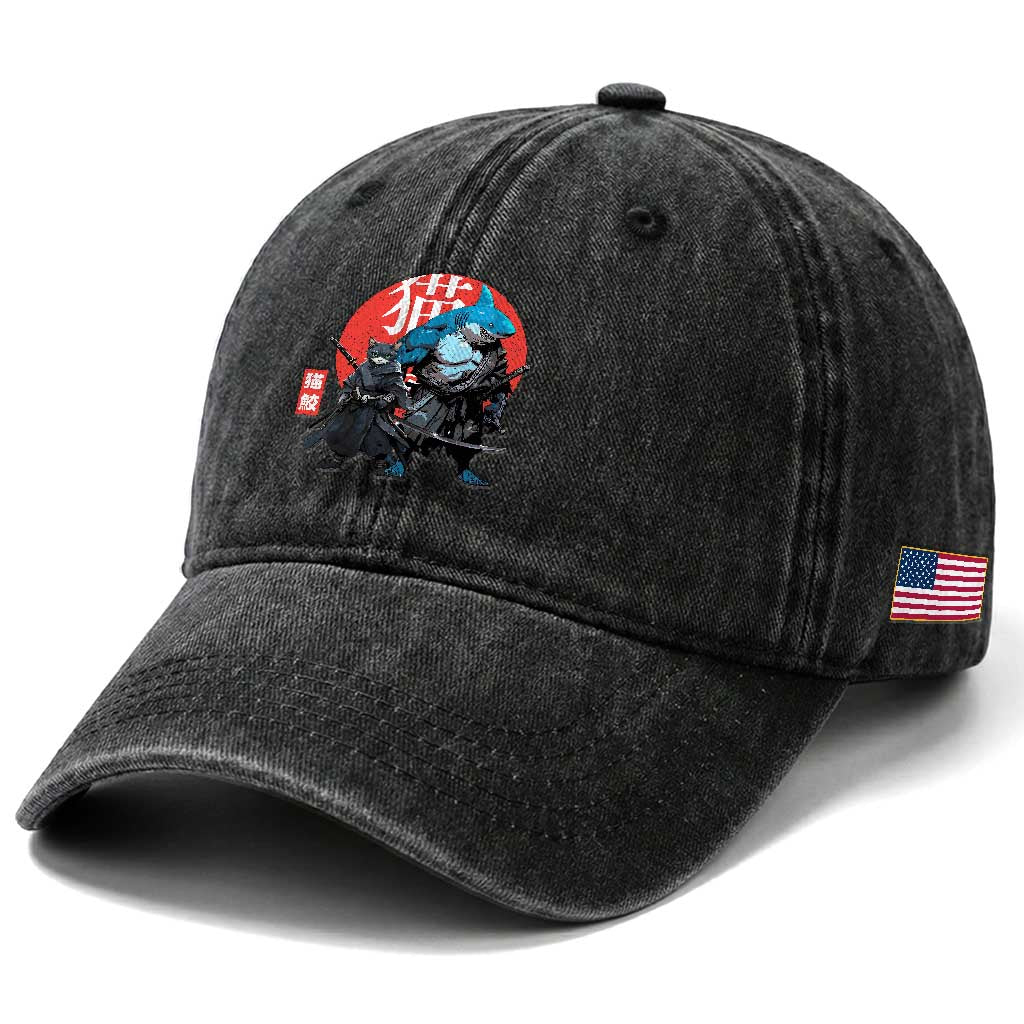 Samurai Cat Shark Washed Cotton Baseball Cap Retro Japanese Animal Warrior Art TS14 Print Your Wear